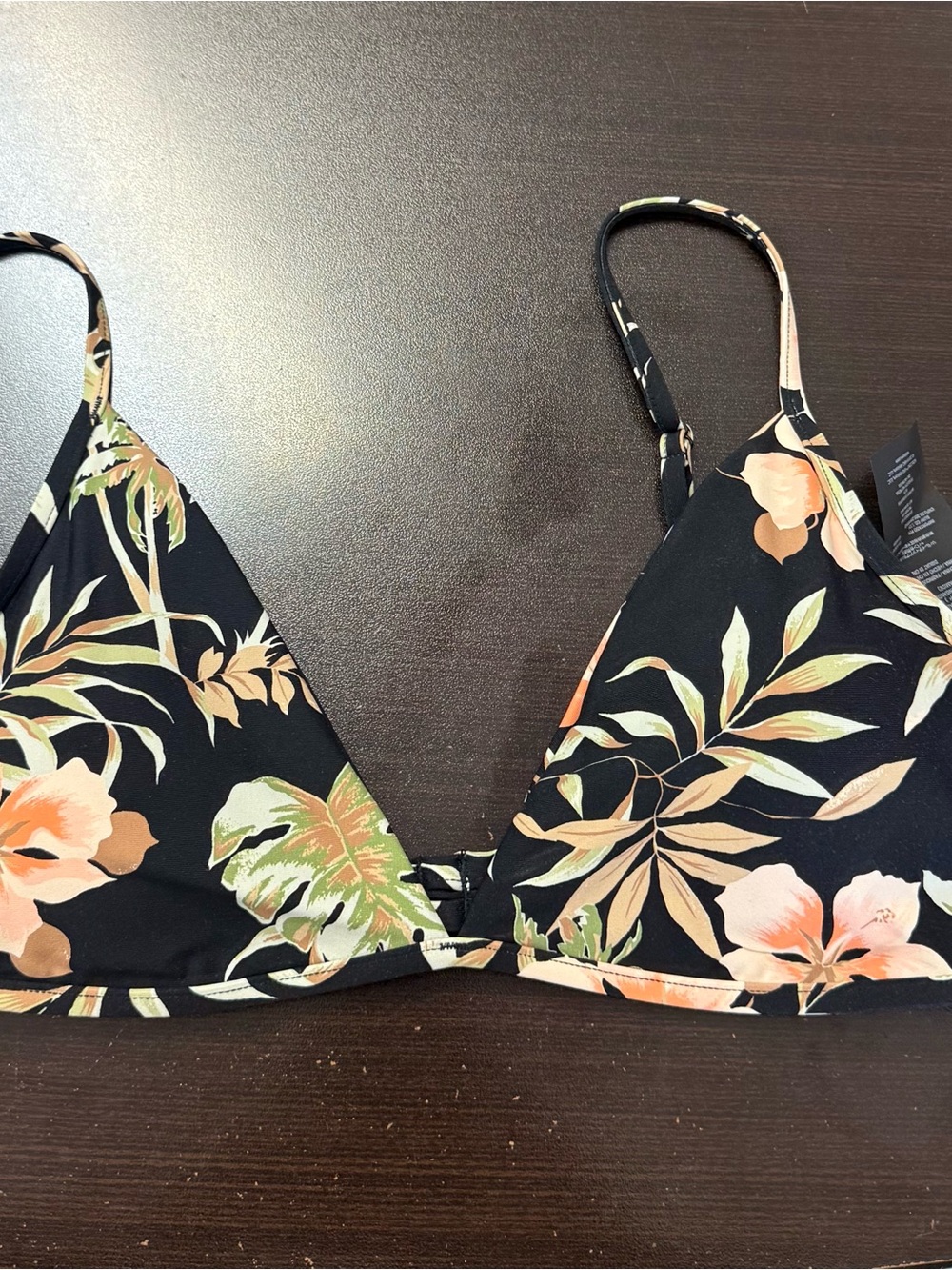 Volcom Black Tropical Floral Triangle Bikini Top with Peach & Green Print